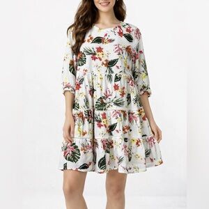 Wayward Fancies by eShakti White Cotton Palm Floral Tiered Dress Pockets 1X